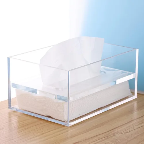 SANRUI Caja de pañuelos faciales de acrílico transparente con tapa superior de 0.315 in, organizador rectangular para dispensadores de servilletas