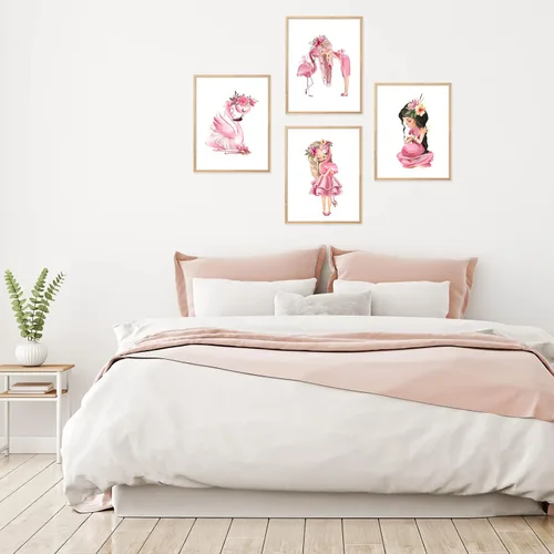 Miniatura 7 de Lienzo decorativo para pared de niña flamenco, cuadro rosa acuarela princesa floral decoración de animales para baby shower, baño, cuarto de bebé