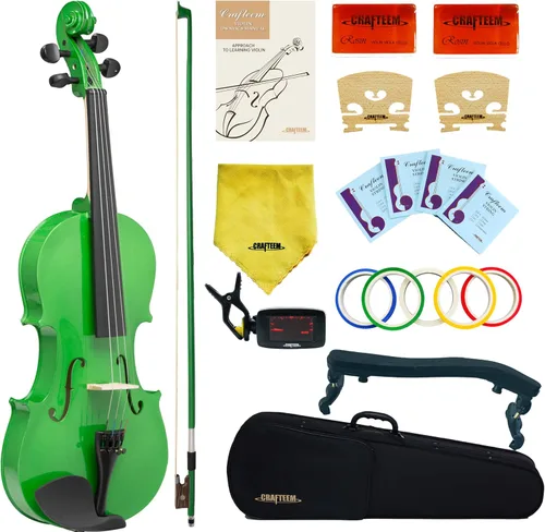 Miniatura 12 de CRAFTEEM 1/2 Conjunto de violín negro premium hecho a mano para principiantes, adultos y niños con cinta adhesiva para dedos de 5 colores - Violín