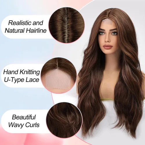 Miniatura 3 de EMMOR Peluca larga y ondulada marrón mixta para mujer, pelucas de encaje frontal, aspecto natural, 26 pulgadas, parte media, peluca rizada