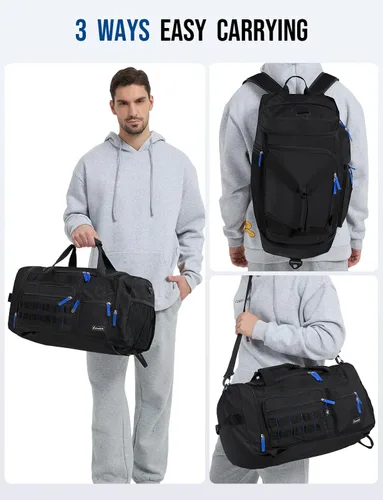 Miniatura 6 de Bolsa de gimnasio con compartimento para zapatos, bolsa de viaje deportiva 3 en 1, mochila de viaje para fin de semana con bolsillo húmedo, Negro