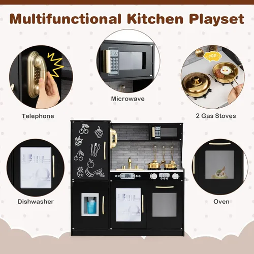 Miniatura 3 de HONEY JOY Juego de Cocina para Niños, Conjunto de Cocina de Juguete de Madera Pequeño Chef de Simulación con Pizarra, Teléfono, Utensilios, Horno