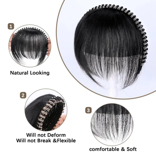 Miniatura 2 de Flequillo de cabello humano con clip, flequillo delgado con correa de diamantes de imitación, extensiones de cabello para mujer, flequillo plano