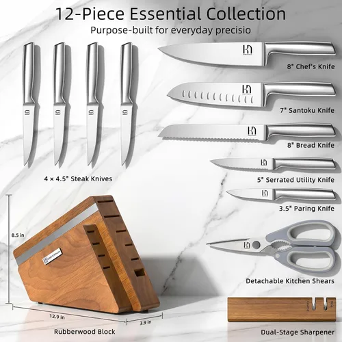Miniatura 2 de KnifeSaga Juego de bloque de cuchillos de cocina, 12 piezas con afilador Juego de cuchillos de acero inoxidable de alto carbono japonés