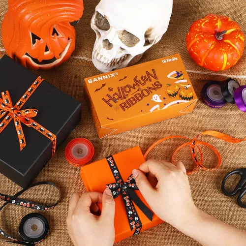 Miniatura 4 de SANNIX 18 rollos de cinta de Halloween de 90 yardas, cintas de grogrén impresas de 3/8 pulgadas de ancho, tela de manualidades para decoración