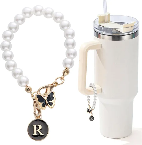 Miniatura 82 de Encanto de letra para Copa Stanley, accesorios de cadena de perlas, encantos de iniciales de Copa Stanley para asa, decoración de botella de agua
