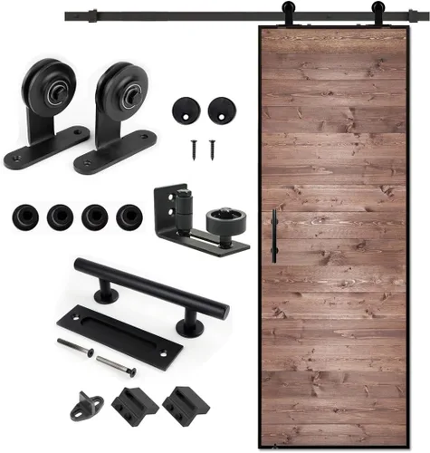 S&Z tophand® Puerta de granero marrón de 30 pulgadas x 84 pulgadas con kit de herrajes deslizantes de 5 pies, marco de acero inoxidable de 20 a 42