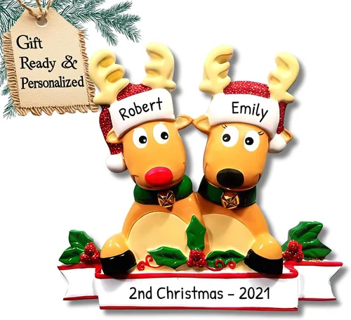 Adorno personalizado en 3D de nuestra primera Navidad 2025 | Adornos personalizados de renos para parejas, adorno de pareja de alces 2025, familia