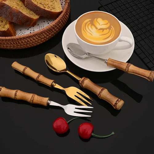Miniatura 3 de JASHII Juego de cubiertos de 30 piezas con mango de bambú, juego de cubiertos dorados de acero inoxidable 304, servicio para 4, con 2 cucharas
