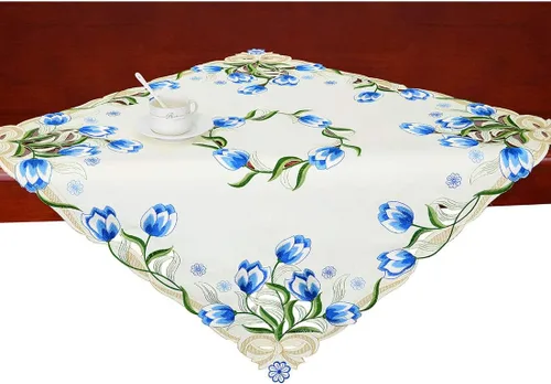 Miniatura 12 de Caminos de mesa pequeños bordados de tulipán, manteles florales de primavera para Pascua (azul, 13 x 35 pulgadas)
