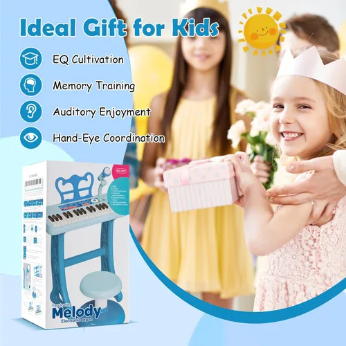 Miniatura 7 de HONEY JOY Piano para niños, piano de teclado azul de 37 teclas para niños con soporte de música y banco, piano de cola de bebé de juguete