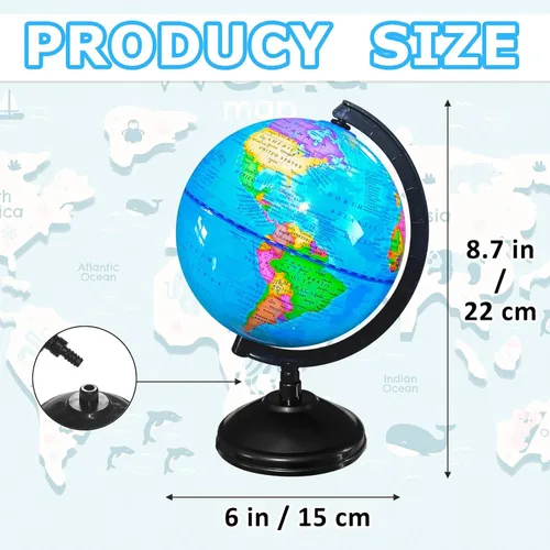 Miniatura 2 de Globo Geográfico Mundial de 6 Pulgadas, Globos Educativos para Niños con Soporte, Globos Decorativos Rotatorios del Mapa Mundial, Globo Político
