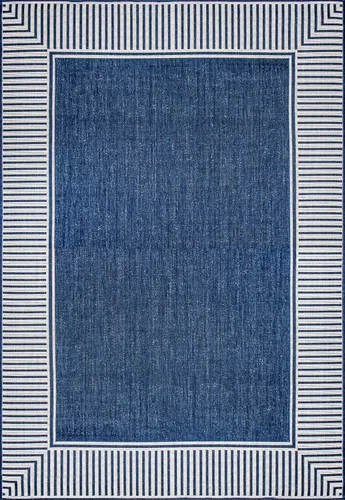 Miniatura 2 de nuLOOM Tapete de área para exteriores, diseño informal con borde a rayas, resistente a las manchas, altamente duradero, para patio, balcón, Azul