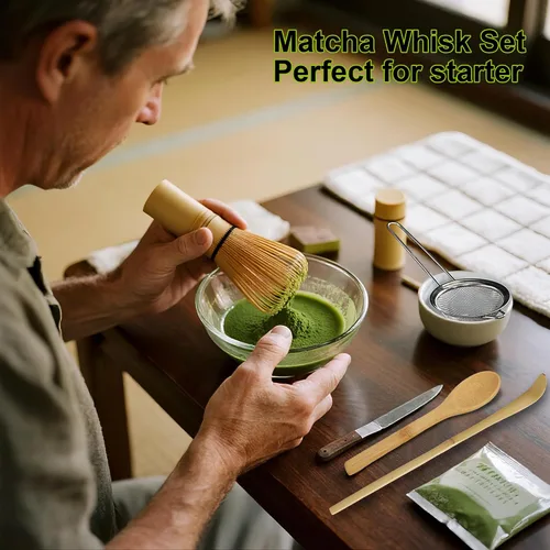 Miniatura 2 de Juego de 5 batidores de matcha, batidor de matcha, soporte de batidor de cerámica, cuchara y cuchara de bambú, tamiz de iniciación en polvo