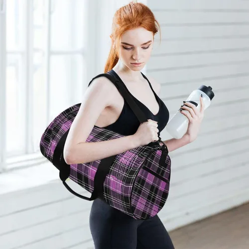 Miniatura 2 de Pink Black Plaid Gym Bag for Women and Men, Small Duffel Bag for Travel Sports Vacation Weekender Overnight Beach, Lightweight Carry on Bag for Boys
