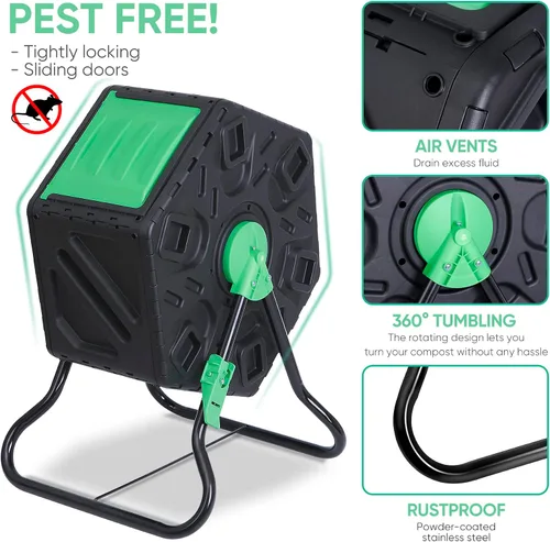 Miniatura 5 de Contenedor de compostaje giratorio con puertas correderas, contenedor de compostaje de una sola cámara, resistente para jardinería al aire libre