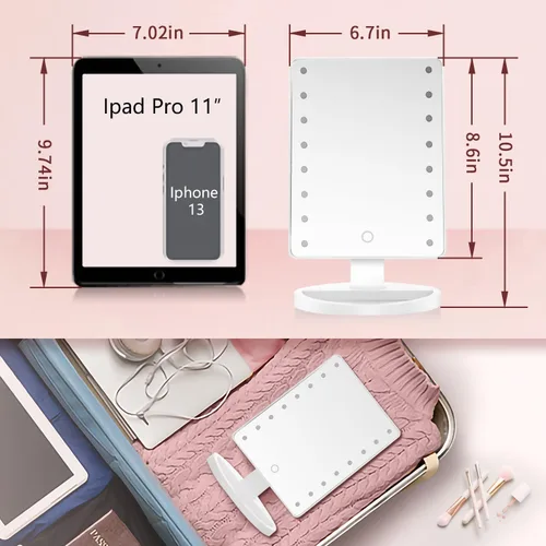 Miniatura 3 de KOOKIN Espejo de maquillaje iluminado con 16 luces LED, rotación de 180 grados, espejo de maquillaje iluminado, pantalla táctil, brillo ajustable