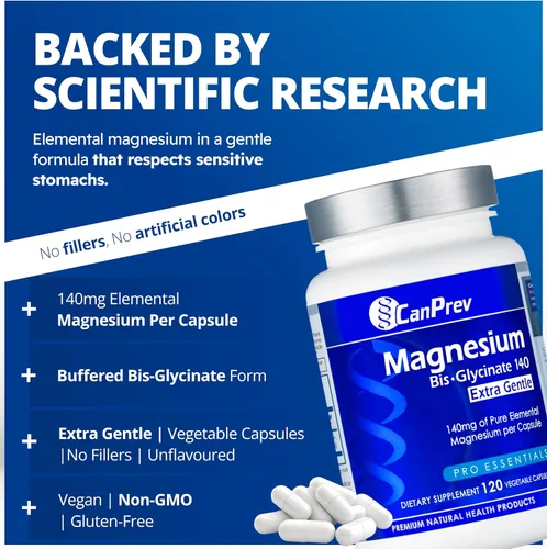 Miniatura 3 de CanPrev Bisglicinato de magnesio extra suave 140 mg, 120 cápsulas V-Caps suministro para 120 días - Suplemento de magnesio elemental puro, apoyo a