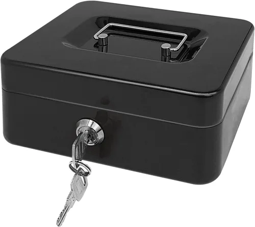 Miniatura 8 de Caja de efectivo de acero con cerradura de llave, organizador de dinero pequeño de metal con bandeja para dinero, caja de almacenamiento de efectivo