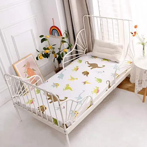 Miniatura 2 de Sábana bajera con bolsillo profundo, sábanas de cama de tela suave con estampado de dinosaurios lindos para niños y niñas, tamaño Full Blanco