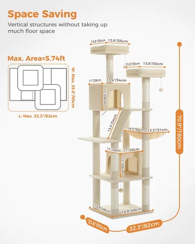 Miniatura 5 de PEQULTI Árbol para gatos de interior de 71 pulgadas con hamaca grande, torre alta para gatos grandes con condominio para 2 gatos, 2 perchas