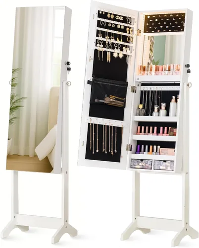 Miniatura 28 de LUXFURNI Armario de joyería con luz LED, espejo de pie, organizador de almacenamiento grande con cerradura y cajones (blanco)