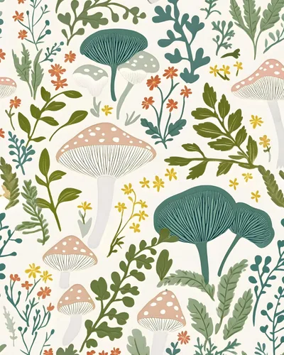 Papel tapiz floral de hongos rosados para despegar y pegar, papel de contacto bohemio con hojas verdes claras, acuarela, colorido mural de pared