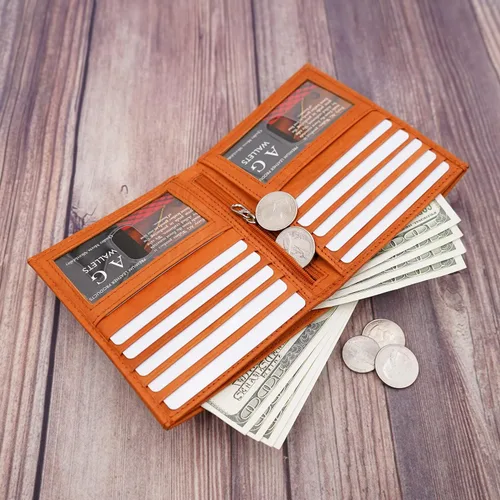 Miniatura 6 de ag wallets Billetera bifold europea de piel auténtica RFID para hombre, 2 ventanas de identificación, Bronceado mermelada, Cartera Rfid plegable Lage