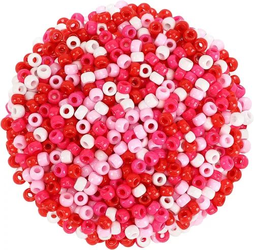 Miniatura 16 de UPINS Cuentas de pony para el día de San Valentín, 1200 piezas de cuentas de plástico redondas de colores rosa, rojo, púrpura y brillantes