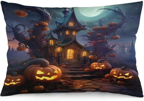 Fundas de almohada frescas de casa embrujada, castillo, luna, bosque medieval, calabaza, fundas de almohada rectangulares con cremallera invisible,