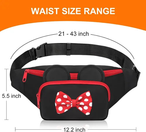 Miniatura 7 de Riñonera de Minnie Mouse de Disney, linda riñonera para mujeres y niñas, senderismo y uso al aire libre, Blanco rojo, Riñonera de viaje Disney
