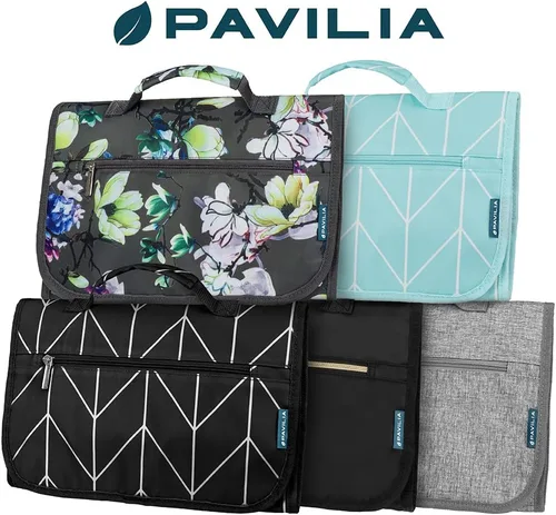 Miniatura 8 de PAVILIA - Neceser colgante para mujer y hombre, kit de viaje plegable organizador de artículos de tocador, bolsa de cosméticos enrollable, estuche