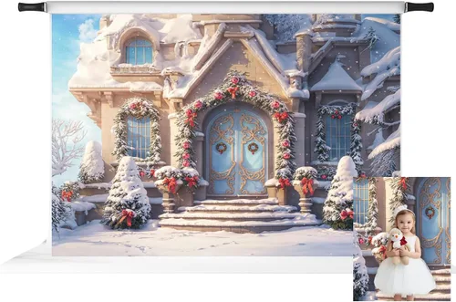 Miniatura 11 de Kate Telón de fondo de fotos de casa de campo de Navidad, fondo de puerta rosa, nieve blanca, árboles de Navidad, fondo de fotos, accesorios de 5