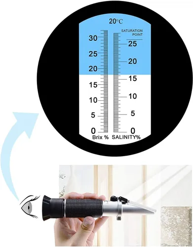 Miniatura 7 de Refractómetro de salinidad Brix 2 en 1 escala dual 0-32% Brix y 0-28% de salinidad con cloruro de sodio ATC en alimentos Sal agua de mar Salmuera