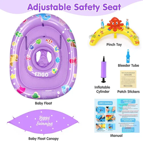 Miniatura 8 de EZIGO Baby Pool Float with Canopy UPF 50+ Sun Protection, Double Air Chambers Infants Swimming Floats with Sound Toys Adjustable Safety Seat Toddler
