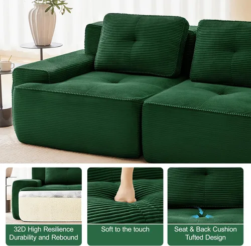 Miniatura 6 de Sofá Moderno Comprimido Sin Estructura de 117", Sofás Seccionales de 3 Plazas para Sala de Estar, Sofá Seccional Modular de Pana Verde Nube, Espuma