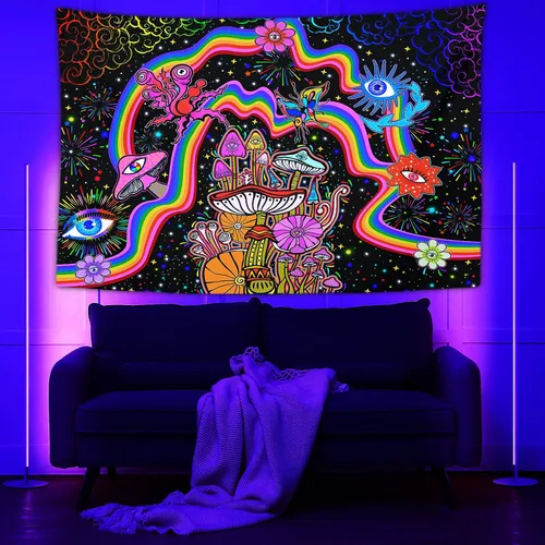 Miniatura 2 de NiYoung Tapiz Trippy para colgar en la pared, luz negra, arco iris, flores coloridas, ojos, estrellas, plantas mágicas, neón reactivo a los rayos