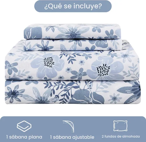 Miniatura 2 de Mooreeke - Juego de sábanas tamaño Queen, 4 piezas de sábanas suaves y transpirables de microfibra - Juego de sábanas con estampado de flores azul