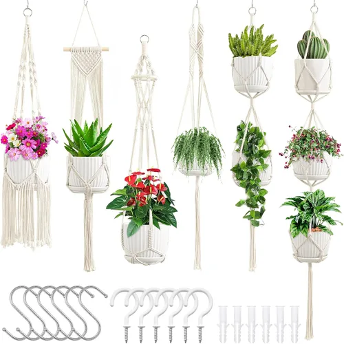Miniatura 13 de SFENNGPET - Paquete de 6 perchas de macramé para plantas, juego de 6 perchas colgantes para plantas de interior con kit de 6 perchas hechas a mano