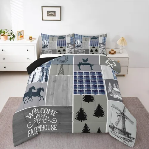 Miniatura 257 de Juego de edredón de oso y ciervo, tamaño individual, ropa de cama de animales salvajes de caza, colcha rústica de cabaña, casa de campo, cuadros