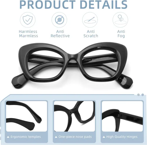 Miniatura 5 de Gafas de lectura de ojo de gato de gran tamaño para mujer, lentes de bloqueo de luz azul para computadora, estilo retro negro