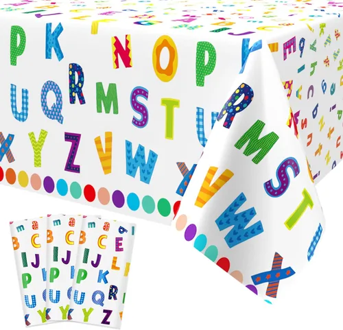 3 piezas de mantel de plástico con alfabeto, 54 x 108 pulgadas, mantel educativo con letras ABC para fiesta, para suministros de fiesta de