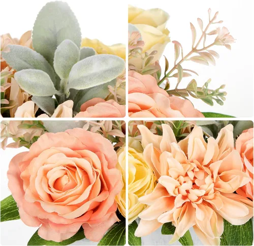 Miniatura 3 de DILATATA Arreglo floral con jarrón de madera, flores artificiales de 10 pulgadas en maceta, flores falsas en jarrón rectangular de madera blanco