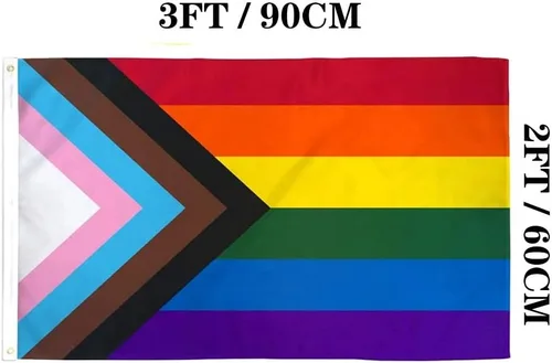 Miniatura 6 de Jayus Bandera de arco iris de doble cara inclusive Progress Pride de 2 x 3 para exteriores, banderas de arcoíris LGBTQ resistentes con 2 ojales