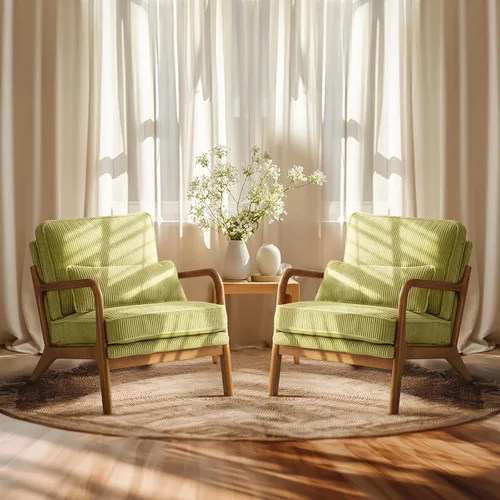 Miniatura 16 de VINGLI Juego Mejorado de 2 Sillones de Acento de Pana Premium, Sillón Tapizado con Brazos, Silla de Lectura Cómoda de Madera Maciza con Almohada