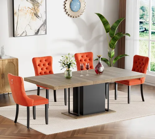 Miniatura 21 de Juego de mesa de comedor extensible de 5 piezas, juego de mesa de comedor extensible de estilo granja para 4, mesa de cocina expandible de madera