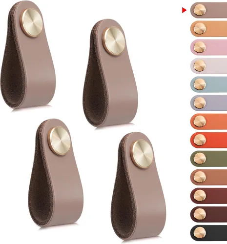 Miniatura 29 de Paquete de 4 tiradores de cuero para cajones, color beige, pomos de puerta de armario de 3.7 pulgadas, tiradores de piel sintética para tocador