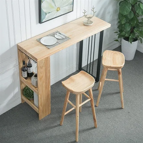 Miniatura 4 de Mesa de barra de altura nórdica moderna barra de madera maciza para el hogar multifuncional sala de estar Bar con estante Tienda de té con leche