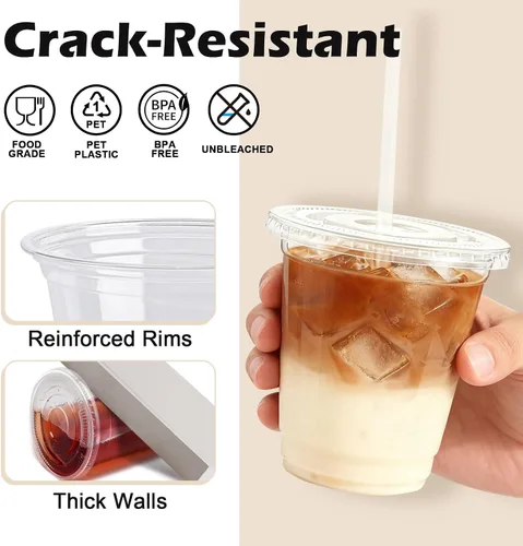 Miniatura 4 de Lamosi Paquete de 100 vasos de plástico transparente de 12 onzas con tapas y pajitas, tazas desechables para café helado con tapas para bebidas