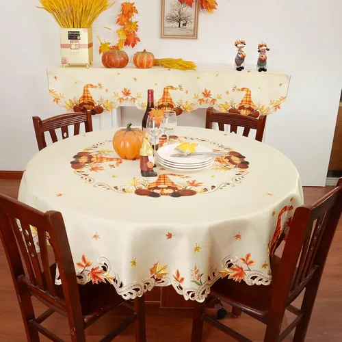 Miniatura 4 de Manteles bordados de gnomos y calabazas de cosecha de otoño para Acción de Gracias (redondo de 69 pulgadas)